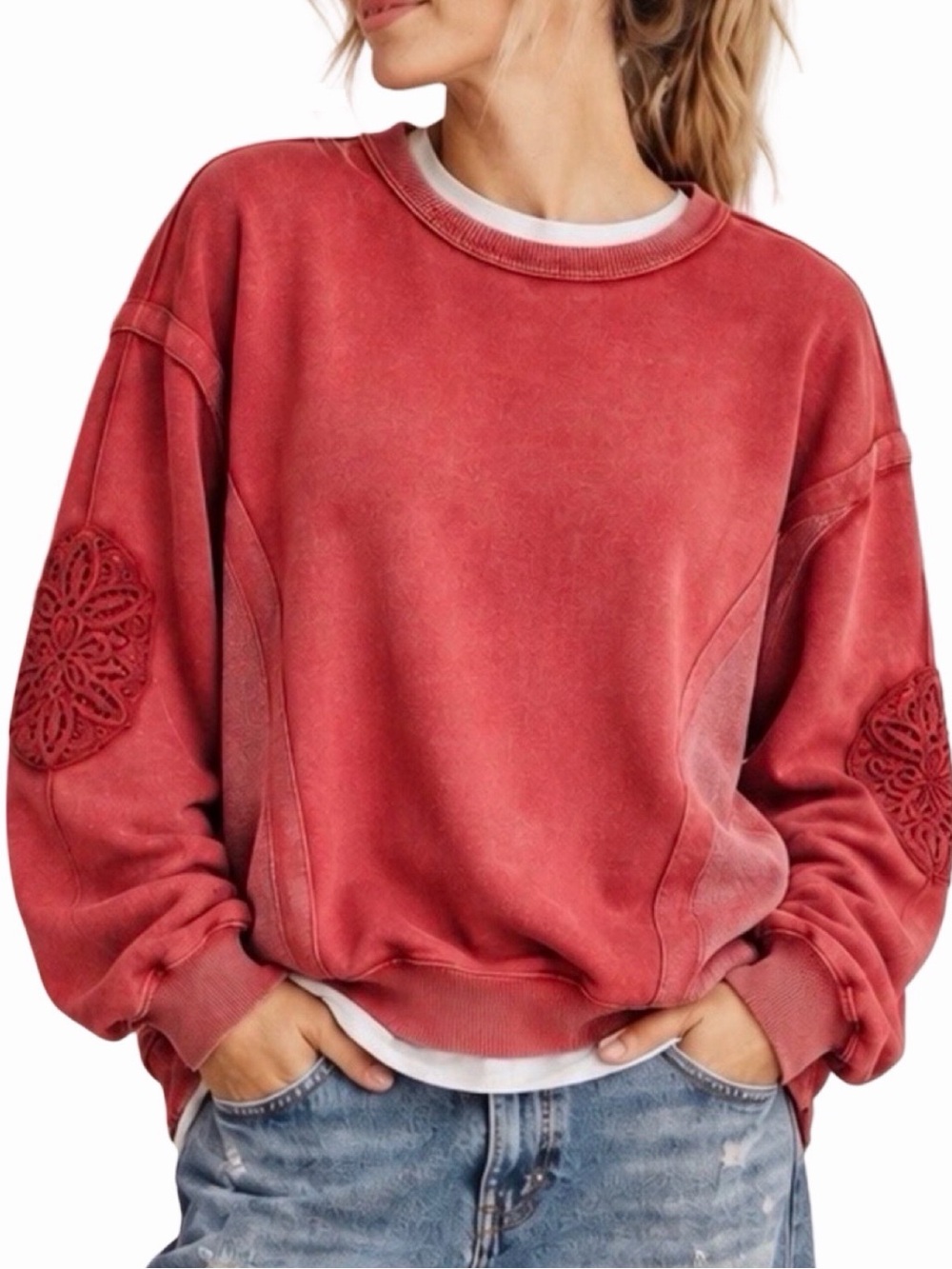aerie Keep It Light Oversized Crochet Patch Crewneck Sweatshirt - Size XXS
